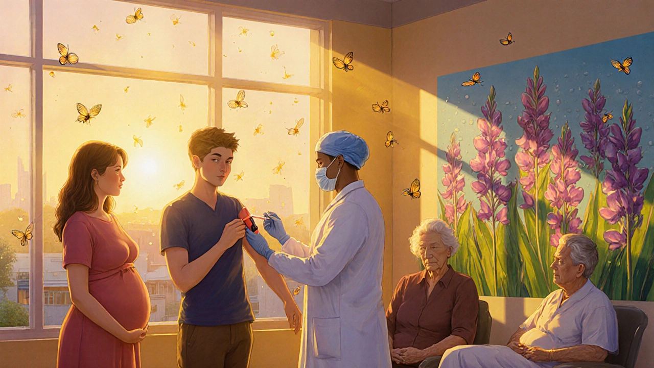 A diverse group receives modern syphilis tests in a sunlit clinic, bathed in dawn light and surrounded by flowers.