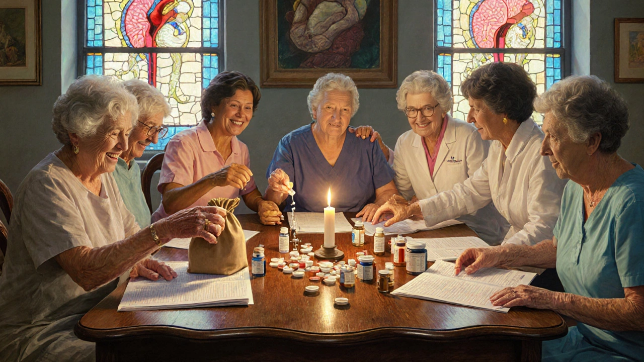 A group of women and a doctor reviewing medications at a table, illuminated by warm, stained-glass light.