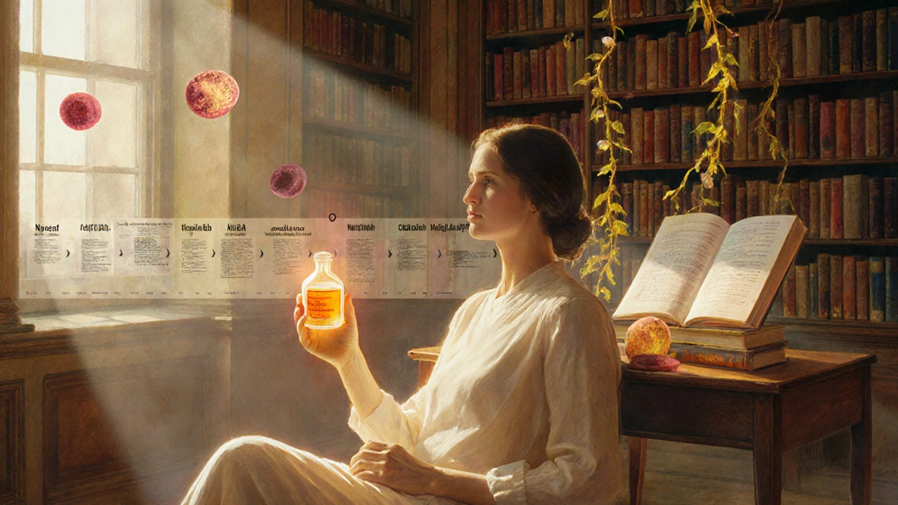 A patient in a sunlit library holding nilotinib, with floating medical charts and glowing blood cells around them.