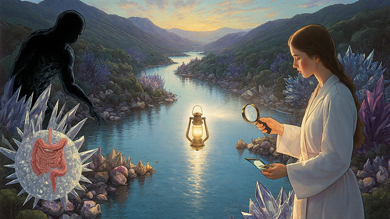 A river valley of crystalline organs with a glowing white blood cell, symbolizing targeted cancer treatment.