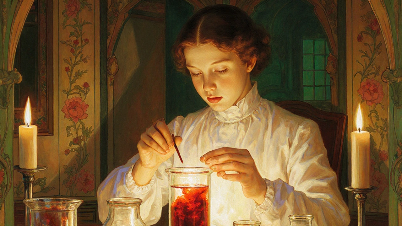 A scientist in a white gown performs the Wassermann test under glowing glass vials in a lush, golden-lit lab.