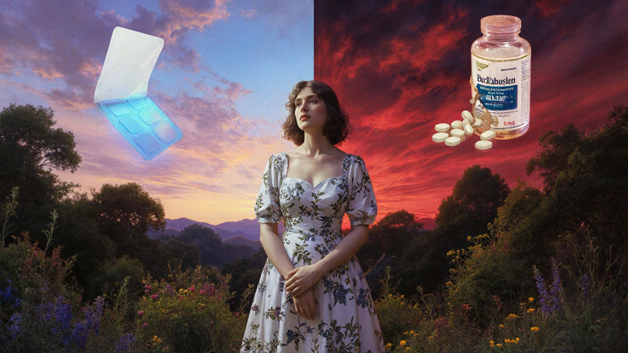 A woman in a garden with a glowing transdermal patch on one side and a crumbling pill bottle on the other.