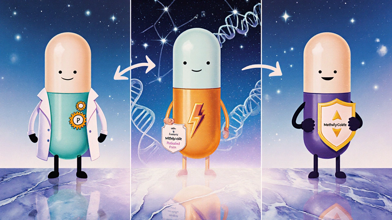 Anthropomorphic capsules of folic acid, methylfolate, and folinic acid with arrows showing their metabolic paths.