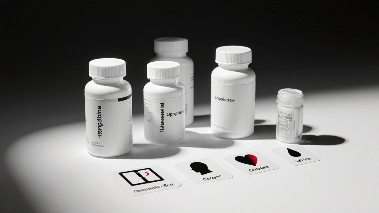 Assortment of pill bottles with grayscale icons for weight, brain, heart, and blood tests, accented in red.