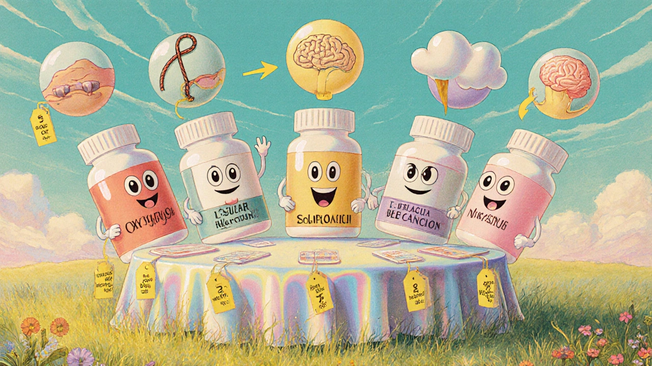 Cartoon medication characters around a table showing side‑effects and cost tags.