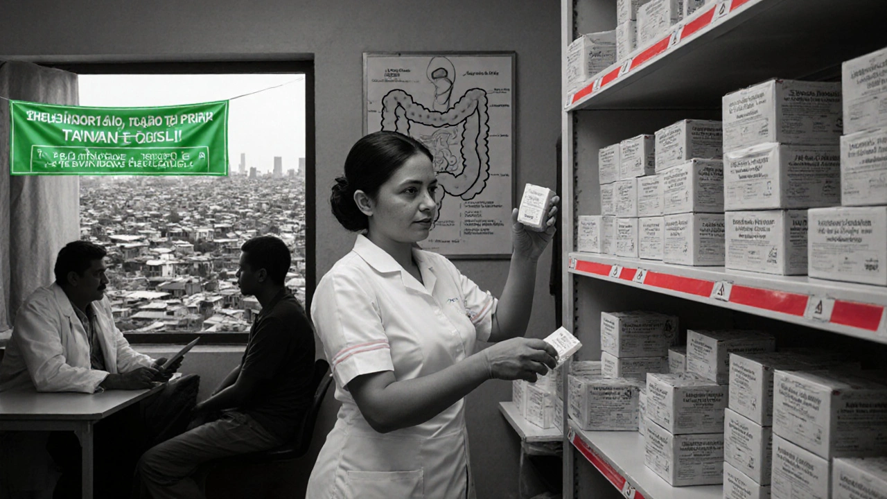 Clinic interior with metronidazole stock and doctor treating patient.