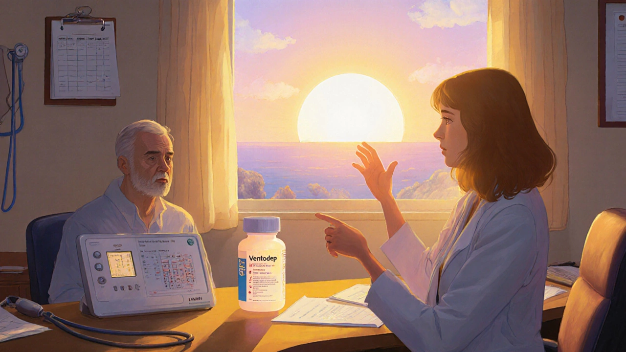 Clinician and patient reviewing a plan, with a sunrise and a glowing Ventodep ER pill, in dreamy style.