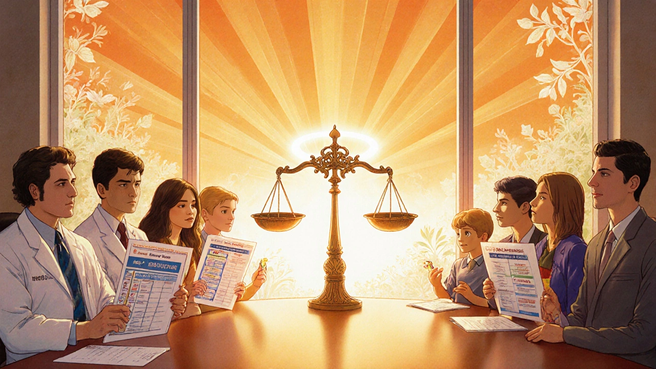 Clinicians and family weigh medication benefits and risks under a hopeful sunset sky.