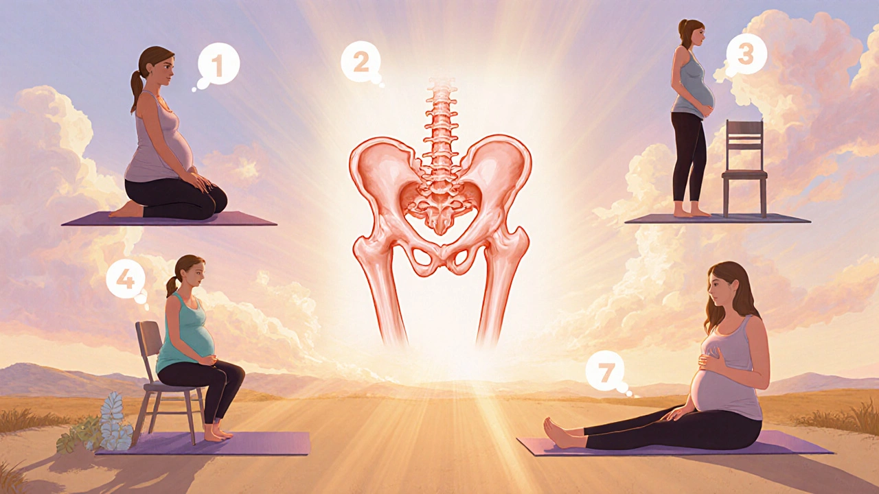 Collage of a pregnant woman doing Kegels, cat‑cow tilt, chair squat, bridge, and breathing, centered on pelvic floor diagram.