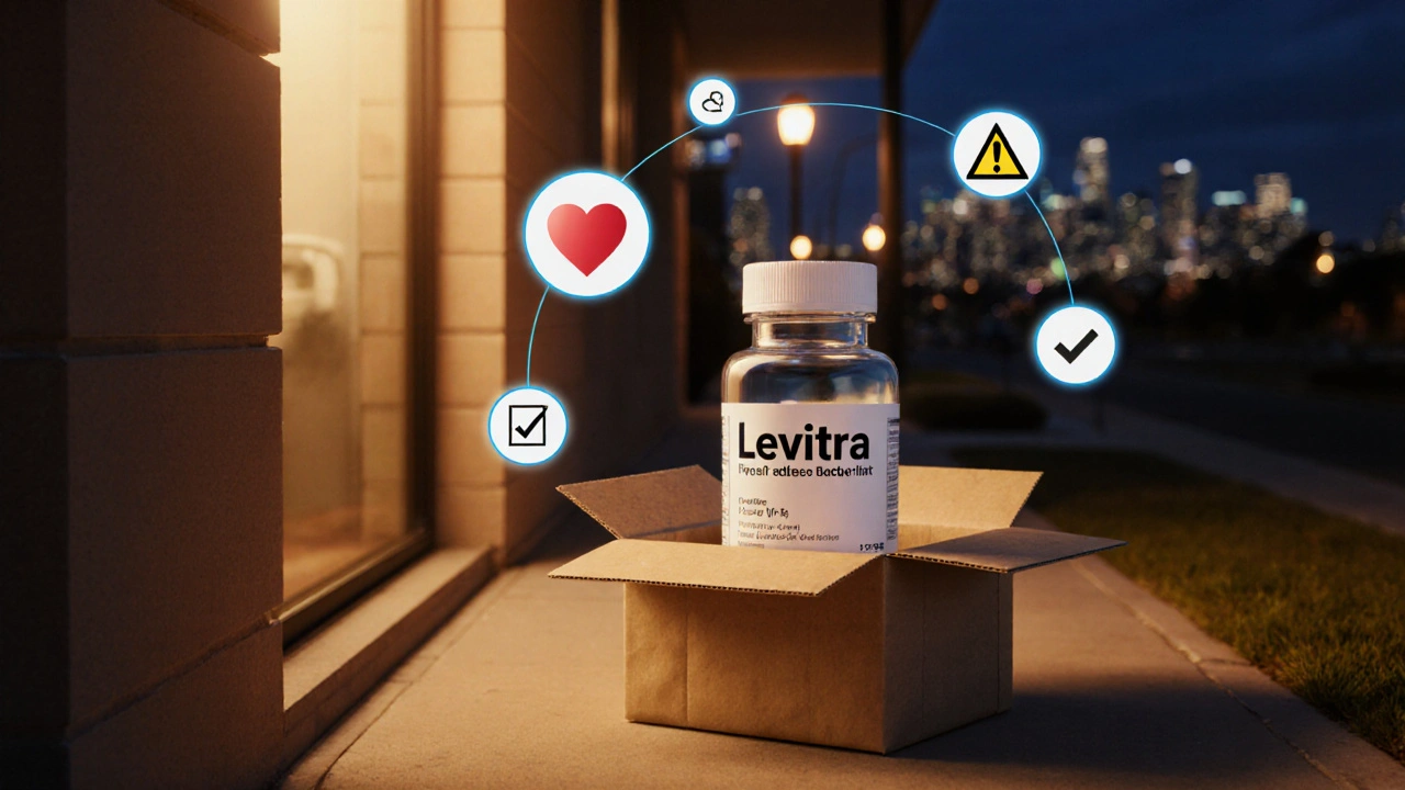 Delivery package opened to reveal generic Levitra bottle with safety icons beside it.