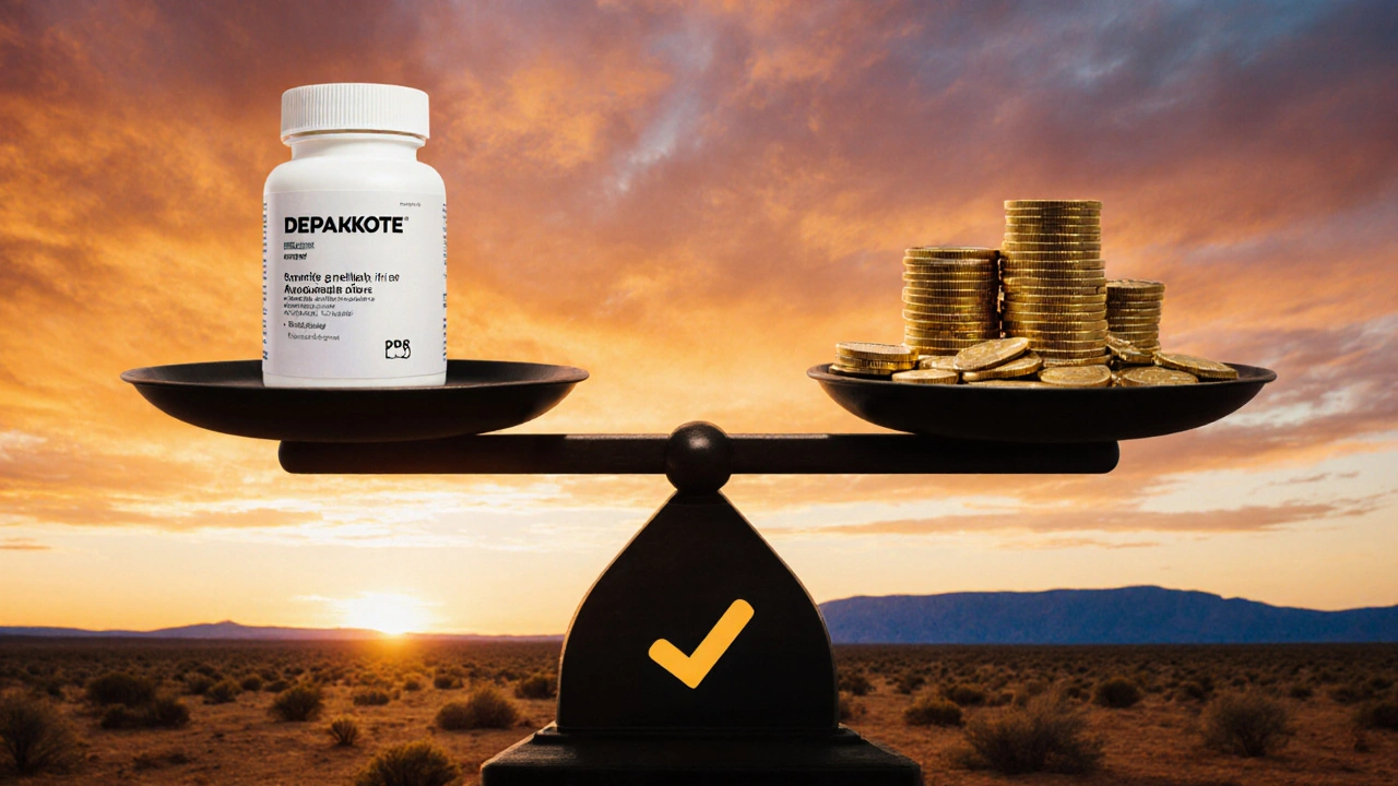 Digital art of a balance scale with medication on one side and coins on the other against an Australian sunrise.
