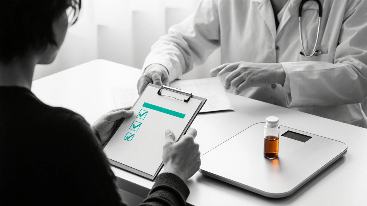Doctor and patient discussing medication, with blood vial and weight scale, limited green and amber accents.