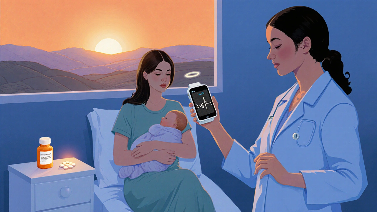 Doctor reviewing smartwatch ECG while a nursing mother holds domperidone tablets.
