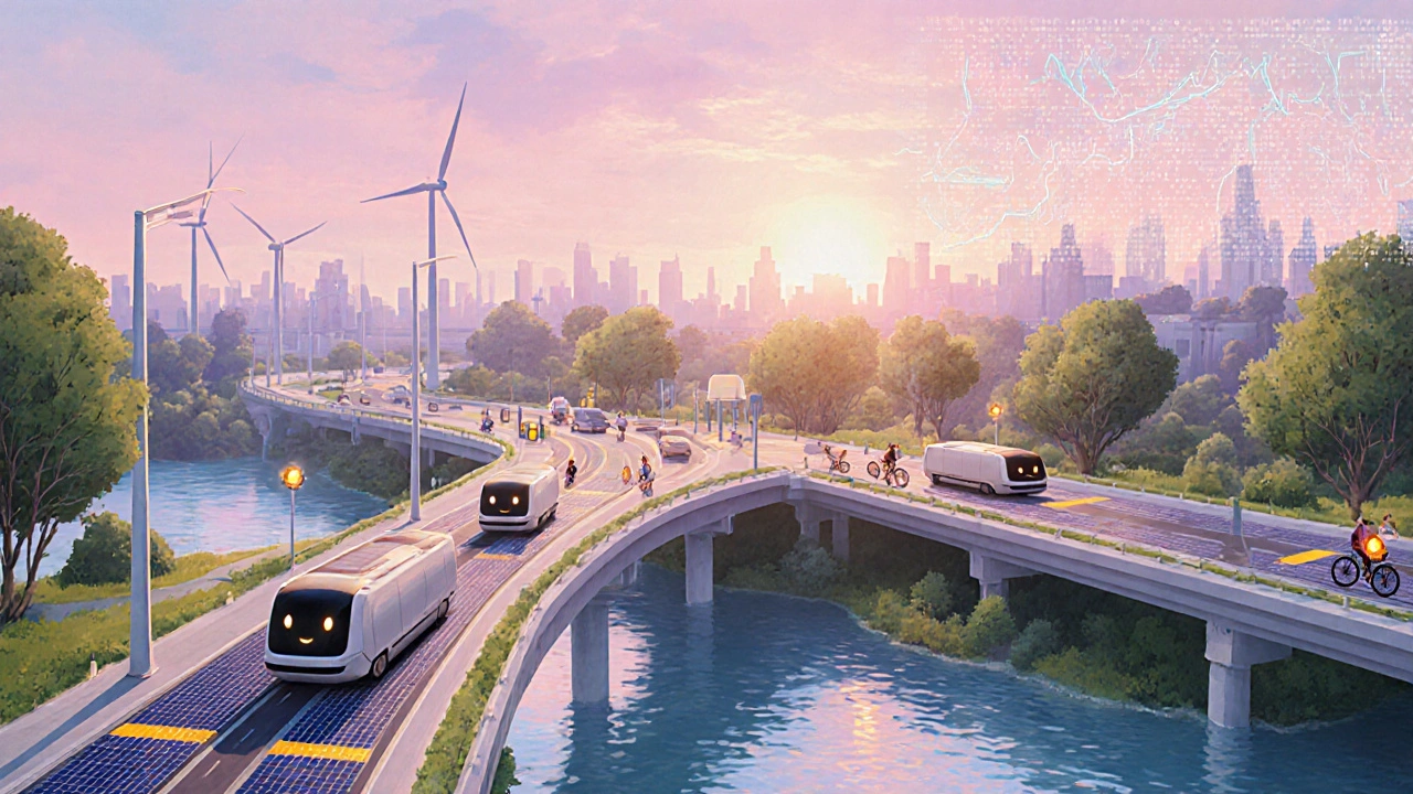 Future city with flood‑proof roads, autonomous pods, micromobility lanes, and solar‑powered infrastructure.