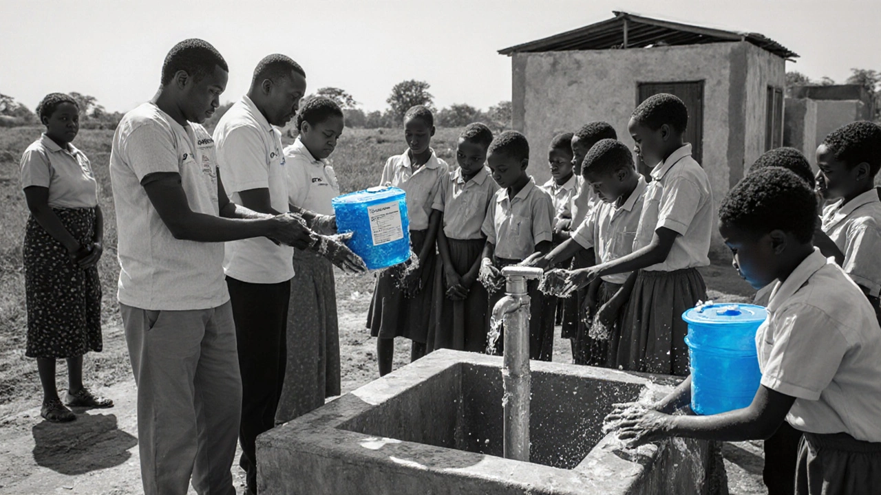 Health workers distribute chlorine kits; children wash hands at new well.