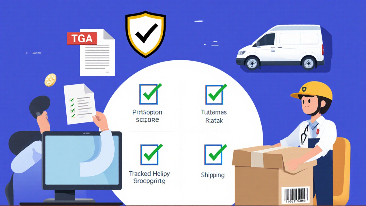 Illustrated flow of uploading a prescription, checking TGA seal, and receiving a shipped package.