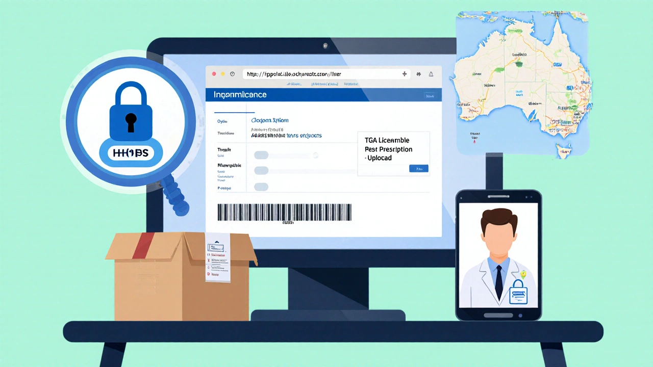 Illustration of a verification checklist: secure website, TGA badge, pharmacist portrait, and tracking box.