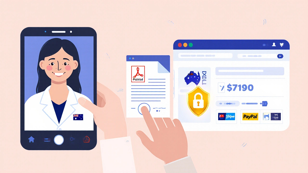 Illustration of telehealth video call, prescription upload, and secure pharmacy dashboard.
