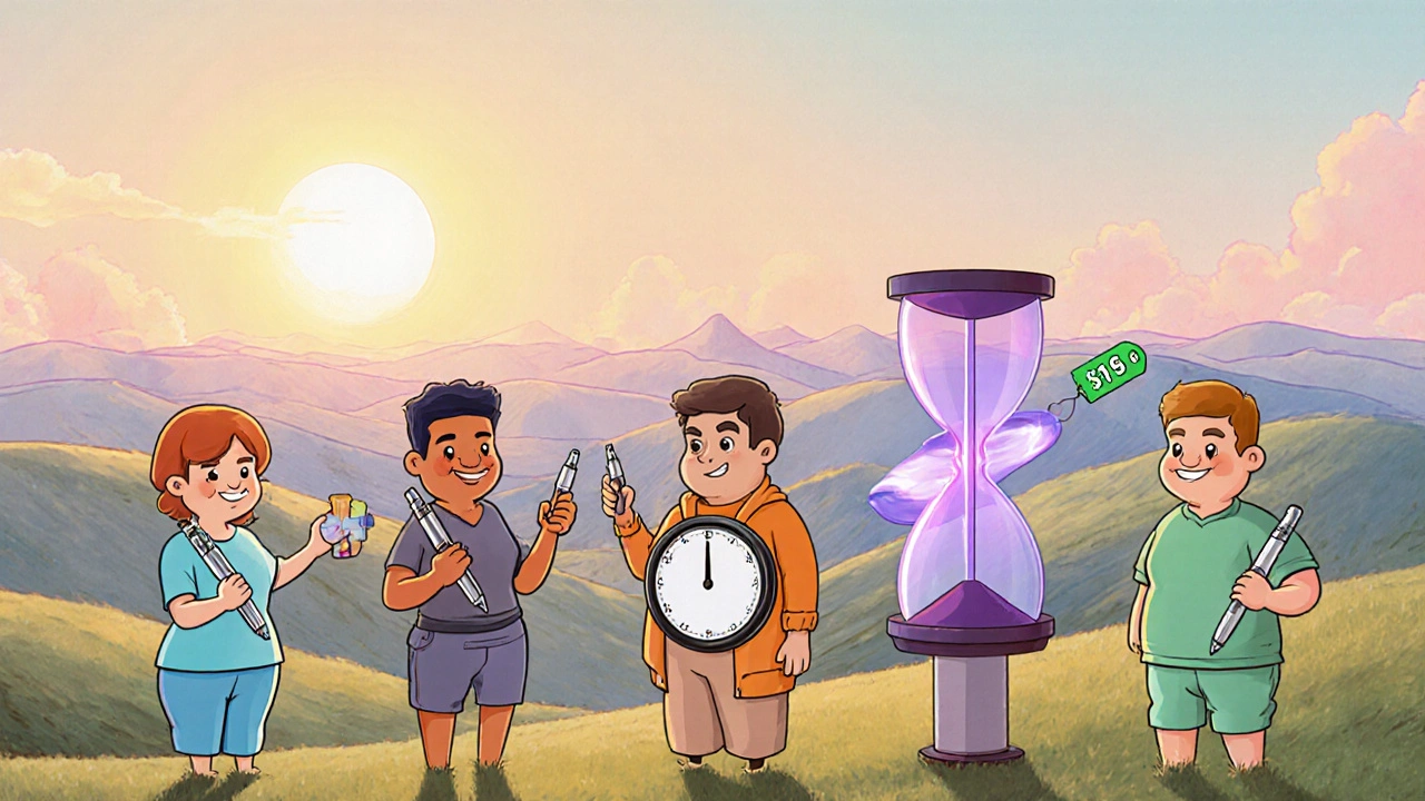 Illustration showing five characters, each holding a different basal insulin pen, highlighting dosing frequency and cost.