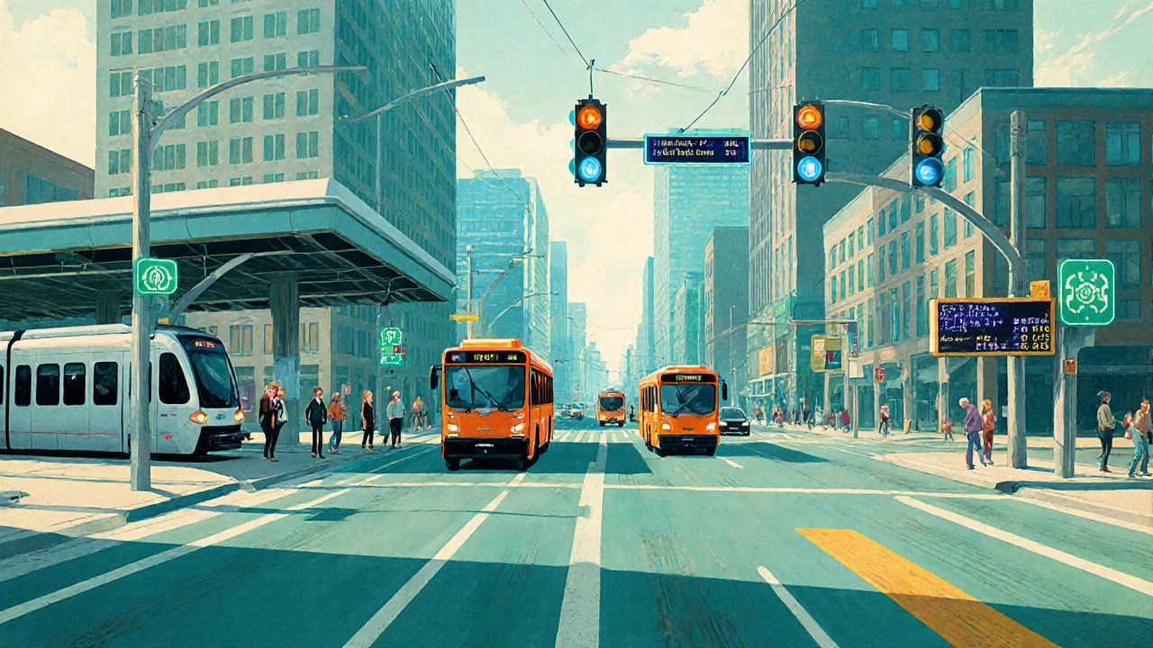 Intersection with light rail, BRT buses, adaptive signals, HOT lane, and digital pricing display.