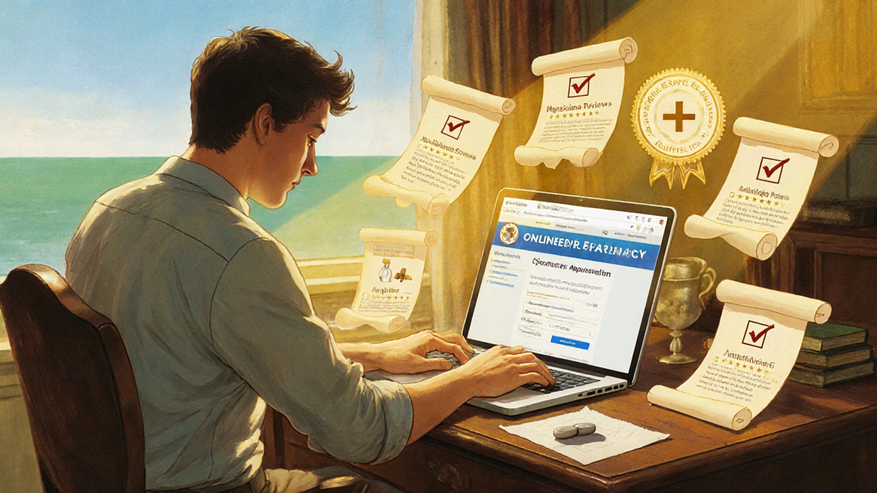 Man at desk checking a safety checklist while browsing an online pharmacy.