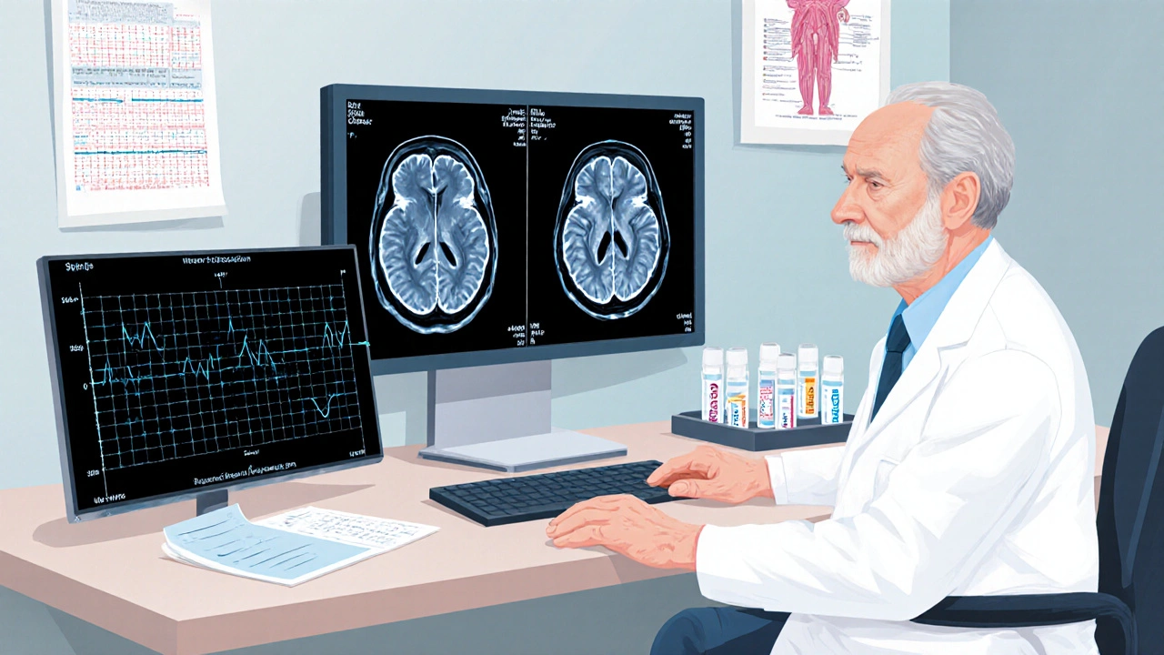 Neurologist reviews MRI, EEG, and lab results on a workstation for seizure diagnosis.