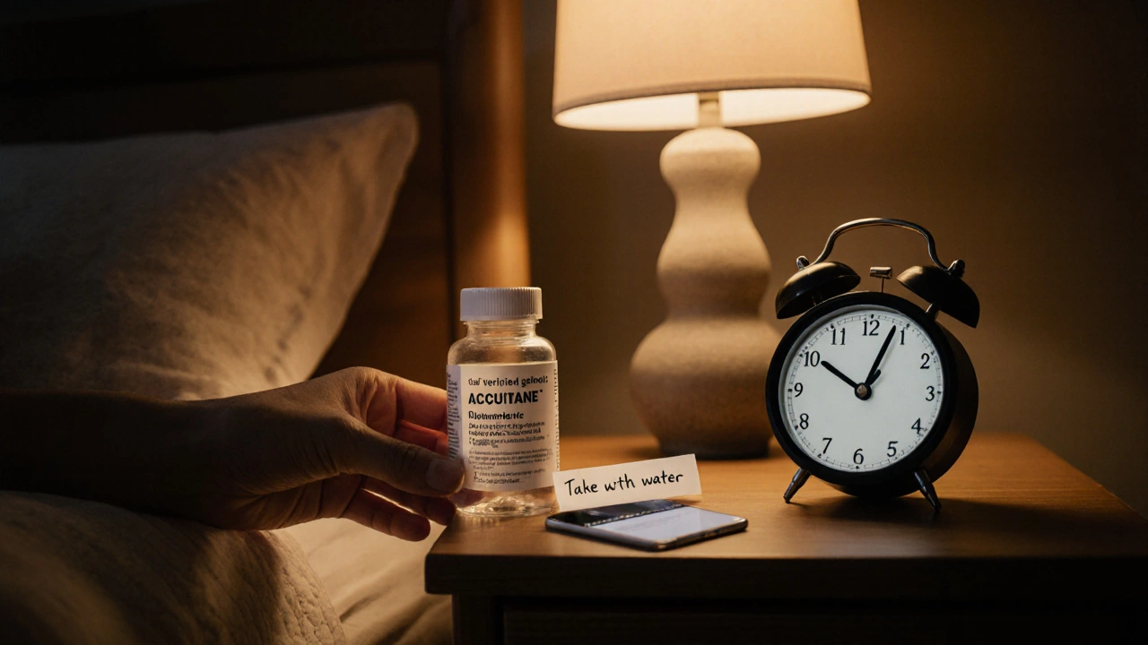 Nightstand scene with Accutane bottle, alarm clock, and medication reminder note.
