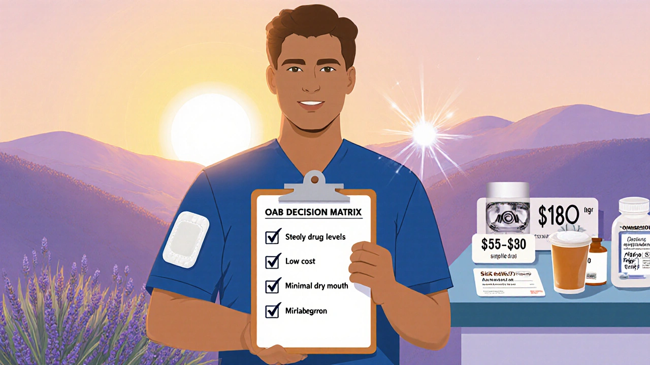 Person in garden holding a checklist with patch, pills, and price tags for OAB options.