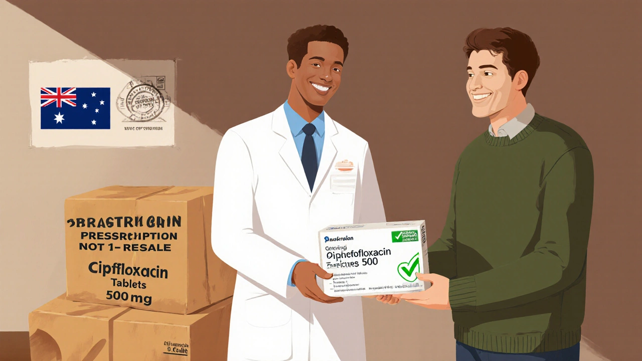 Pharmacist handing a boxed generic ciprofloxacin shipment to a customer.
