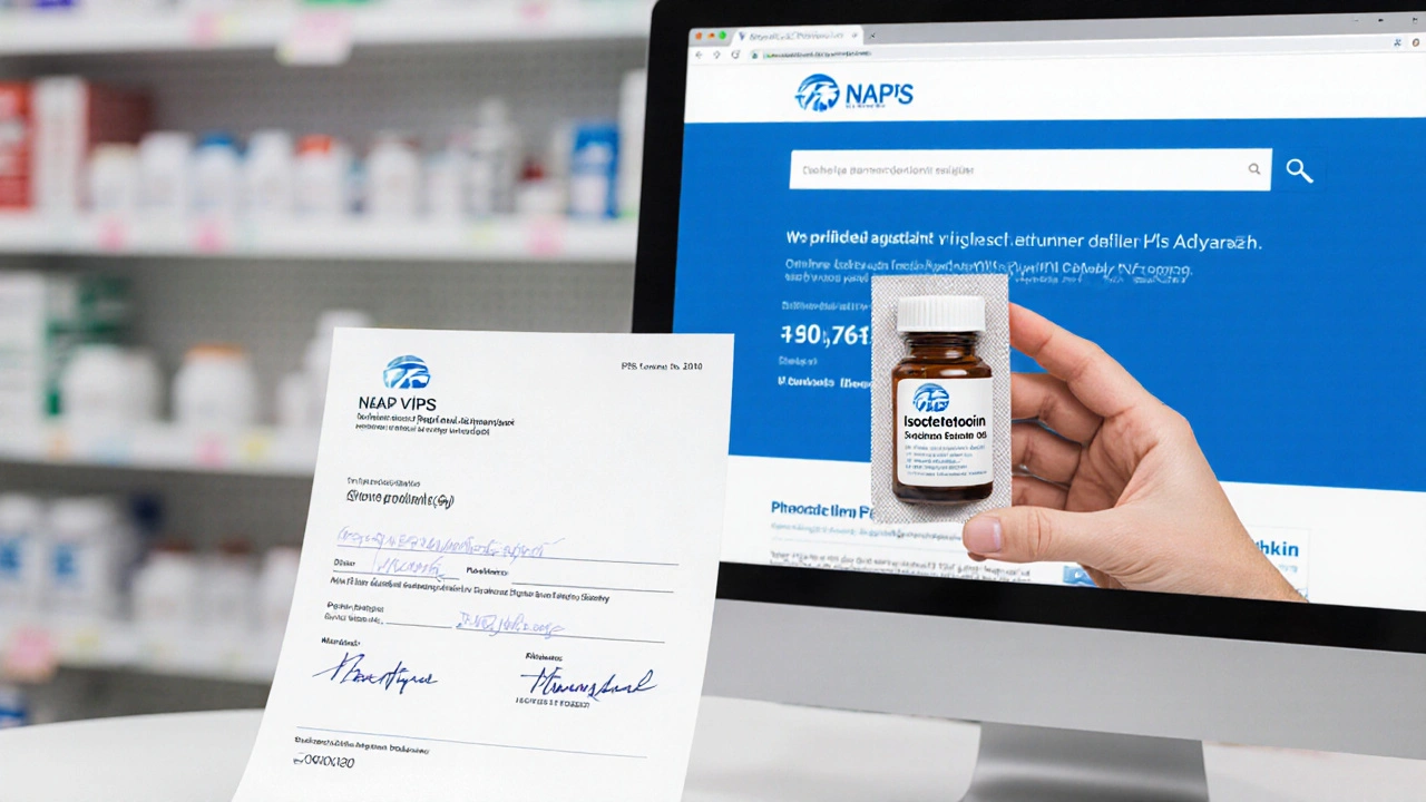 Pharmacist verifying prescription and sealed isotretinoin bottle at a workstation.
