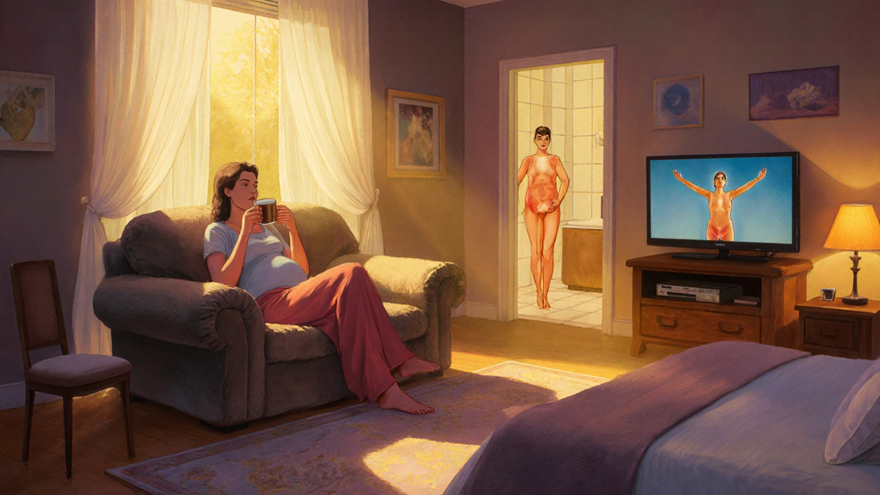 Pregnant woman integrating pelvic floor exercises throughout the day in a cozy, sunlit living room.