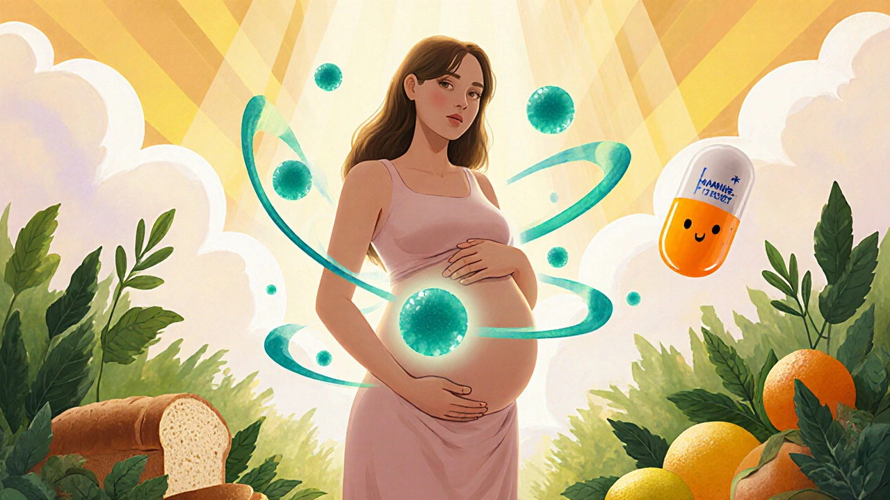 Pregnant woman surrounded by glowing folate symbols and B12, with leafy greens and fortified foods.
