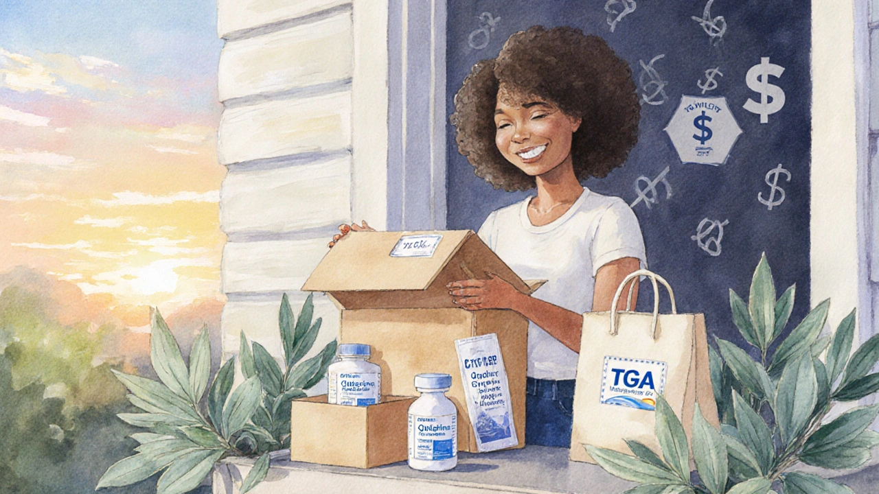 Recipient opening a box with medication, coupon and eucalyptus leaves, celebrating savings.