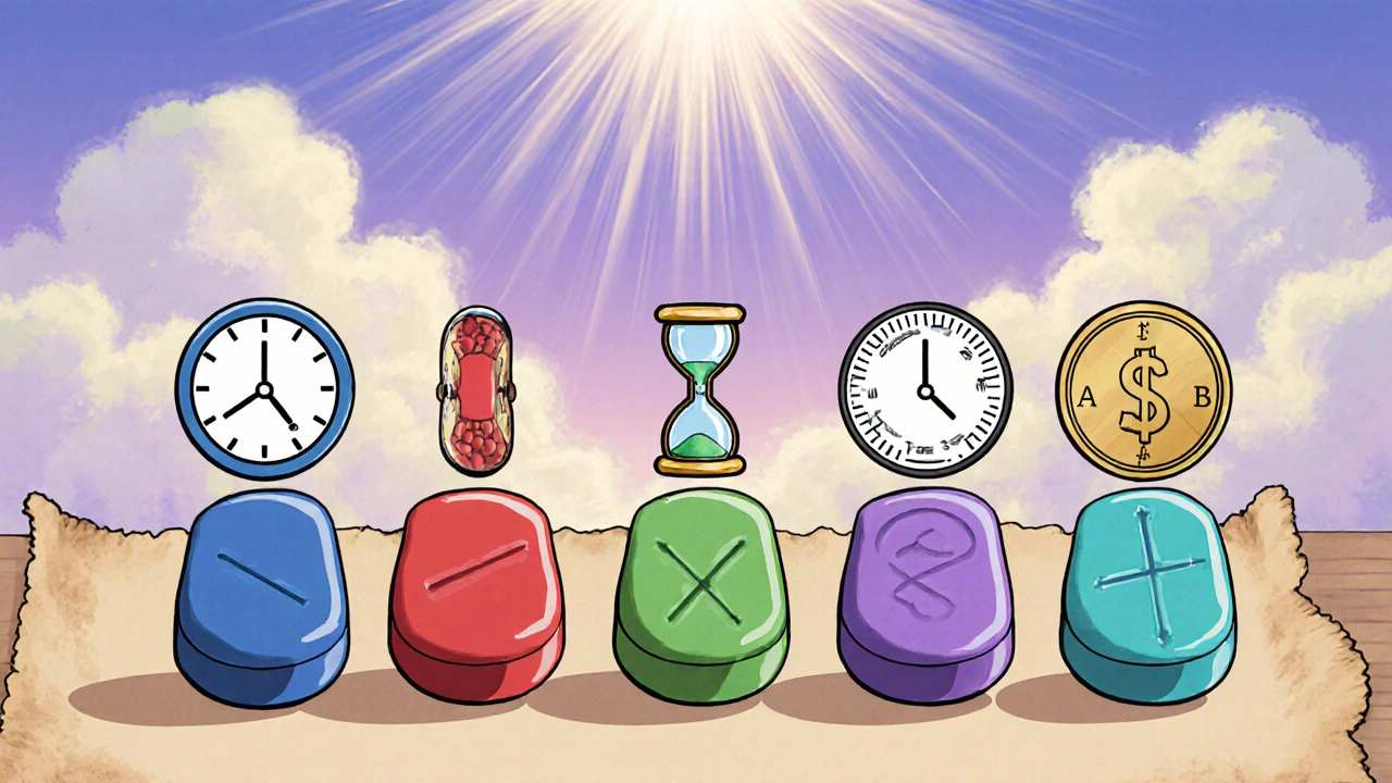 Row of five different ED pills with icons for onset, duration, and cost.