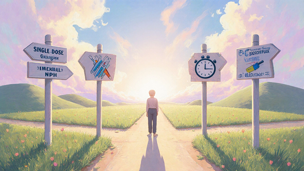 Scene of a patient at a crossroads with signposts pointing to different basal insulin options, reflecting choice factors.