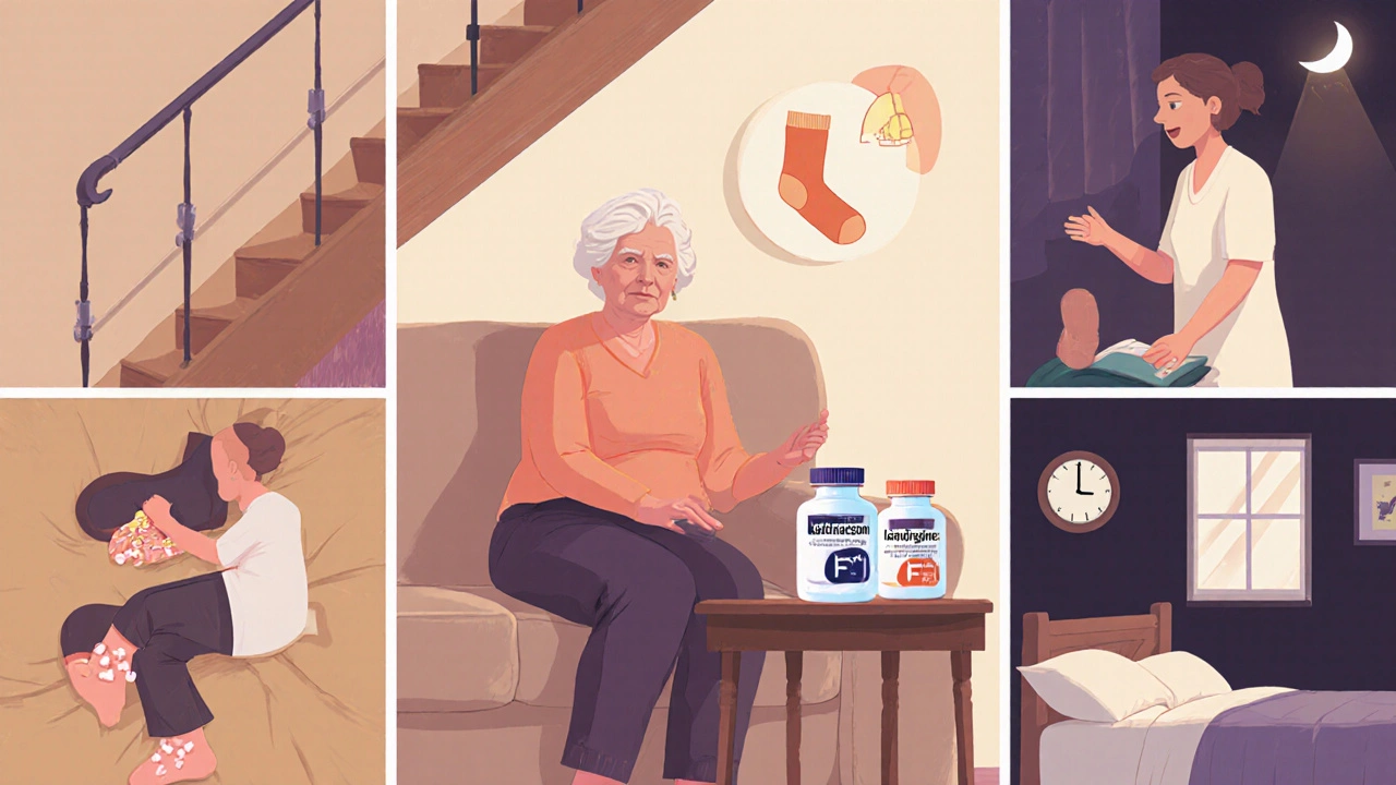 Senior woman with pill bottles surrounded by fall‑prevention and sleep‑hygiene items.
