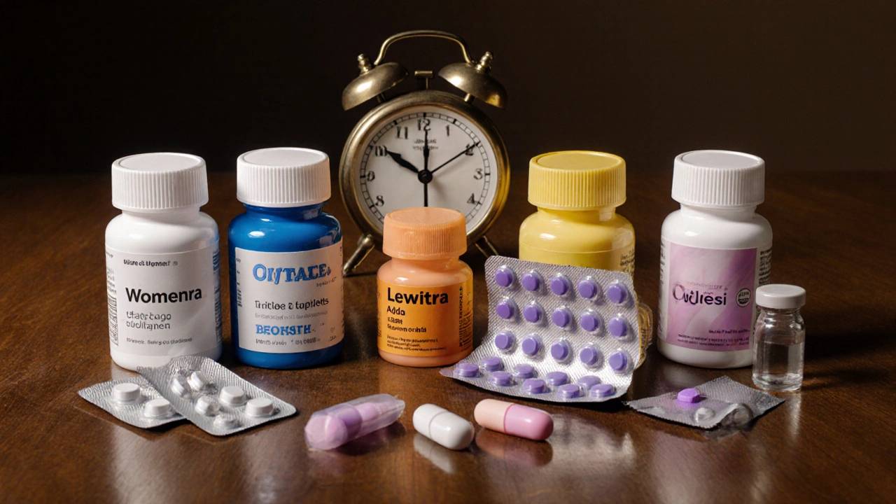 Seven medication bottles and packs for female sexual health treatments arranged on a table.
