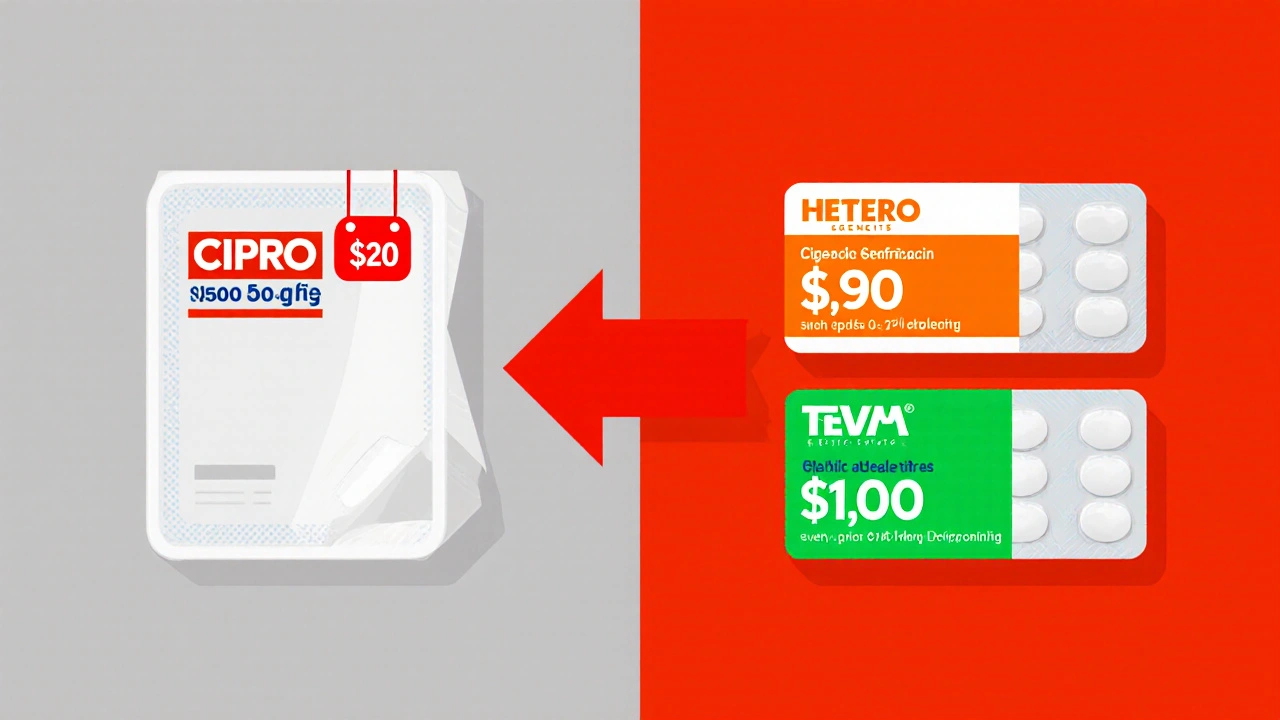 Side‑by‑side illustration comparing brand Cipro price to cheaper generic packs.