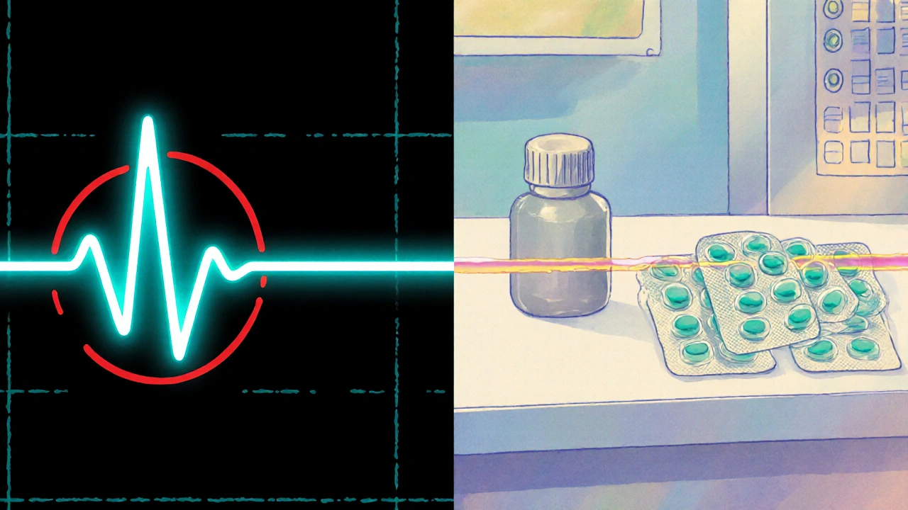 Split view showing a heart monitor QT spike beside pharmacy shelves of domperidone tablets.