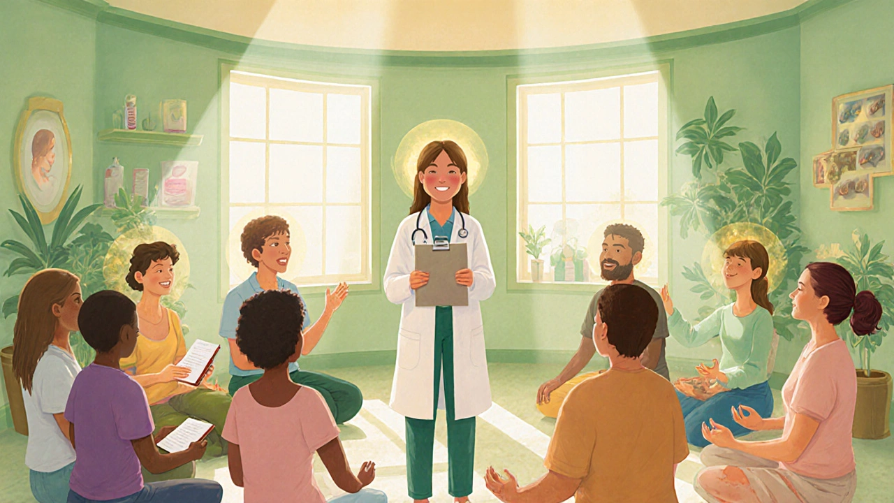 Supportive group with dermatologist, journal, and meditation in a sunny room.