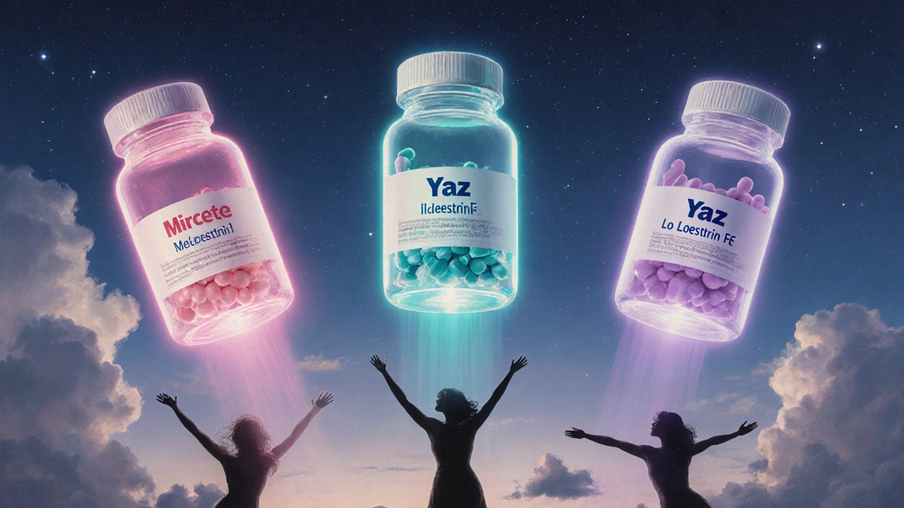 Three birth control pill bottles floating in twilight, emitting colored light streams representing different hormone levels.