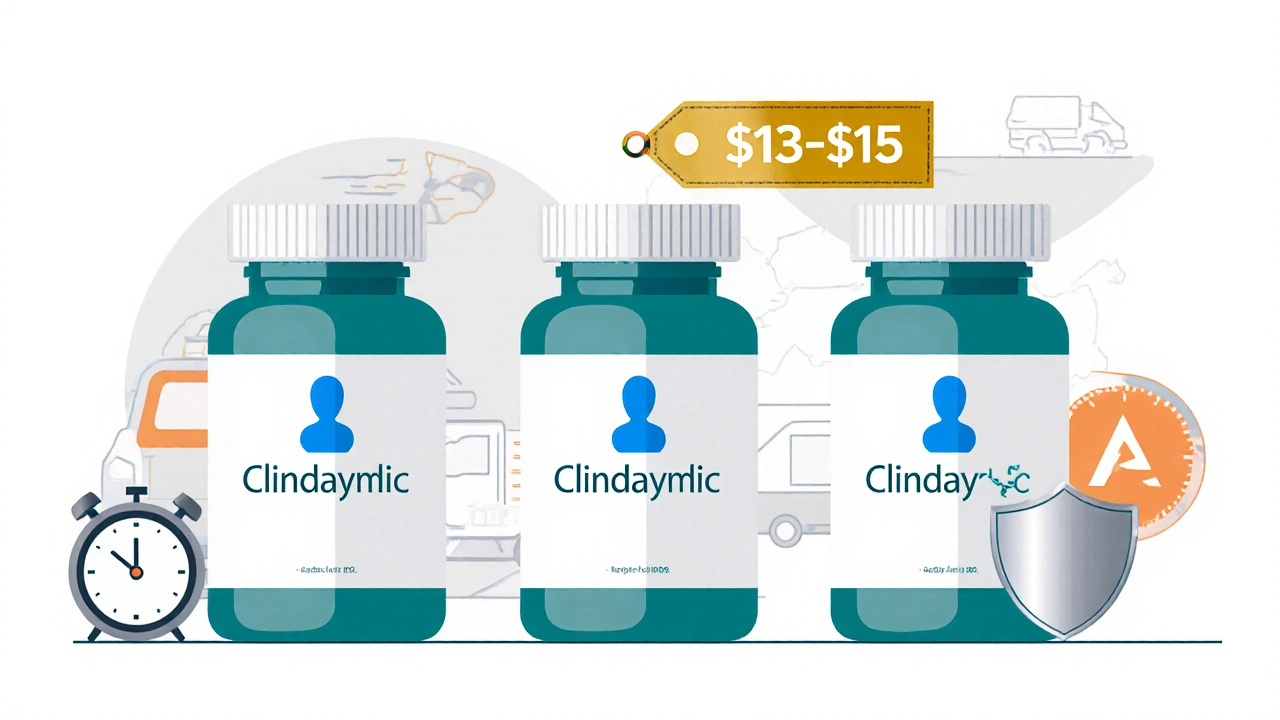 Three clindamycin bottles shown with price tags, accreditation shields, and shipping icons.