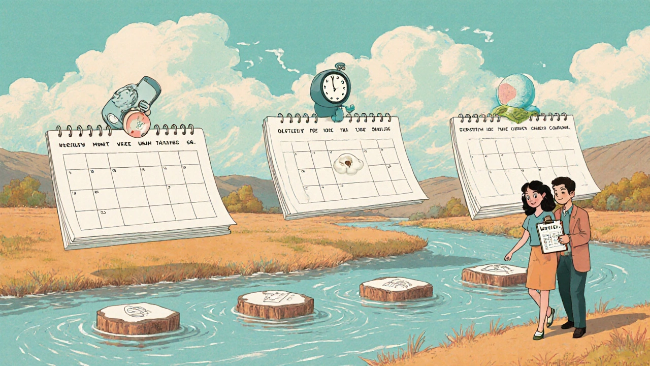Timeline of weekly, bi‑weekly, and monthly check‑ins illustrated along a dreamy river.