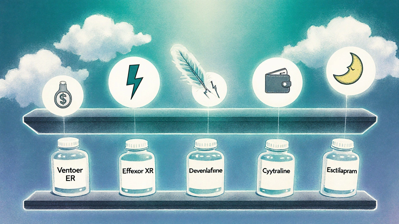 Whimsical pharmacy shelf showing different medication bottles with symbols for mechanisms, side effects, and cost.