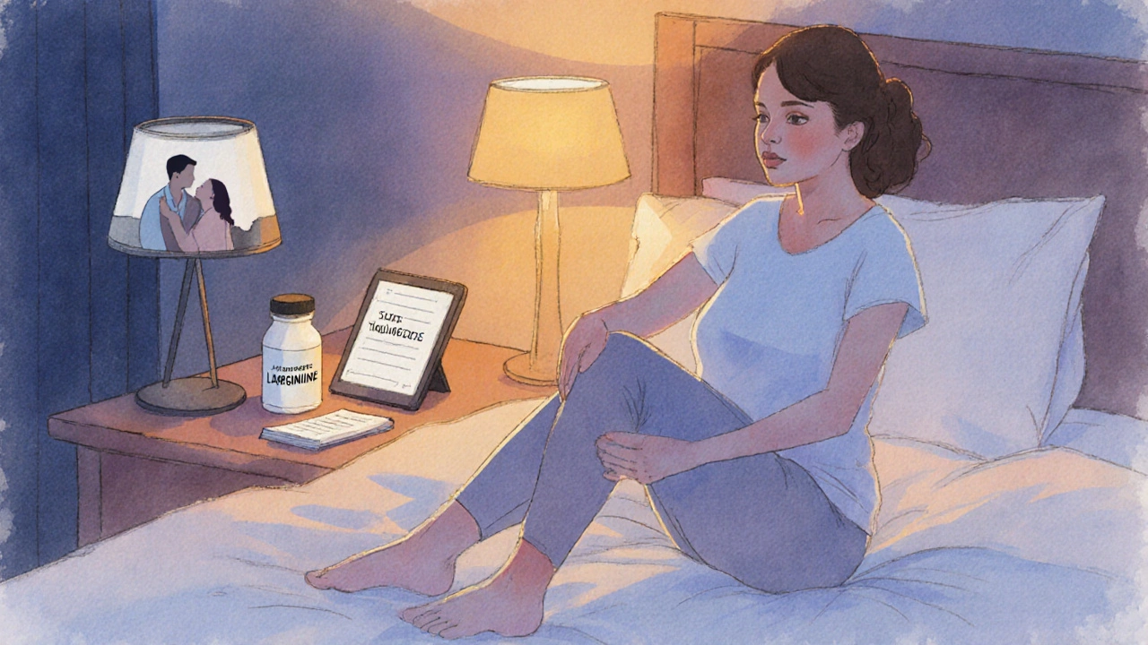 Woman doing pelvic floor exercise beside L‑Arginine supplement and notes in a bedroom.