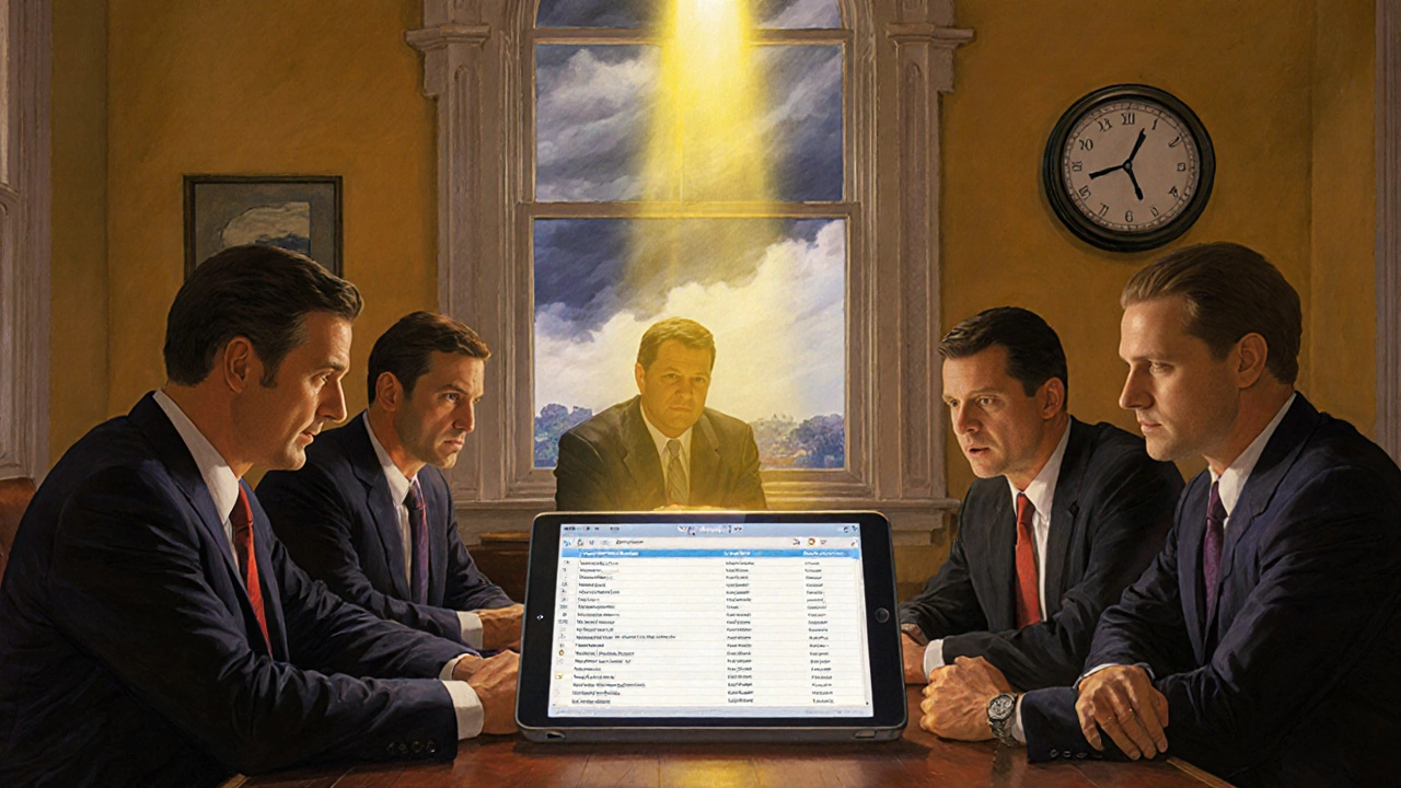 A committee reviews amendment metadata under golden light, with a clock nearing deadline and stormy skies in the background.