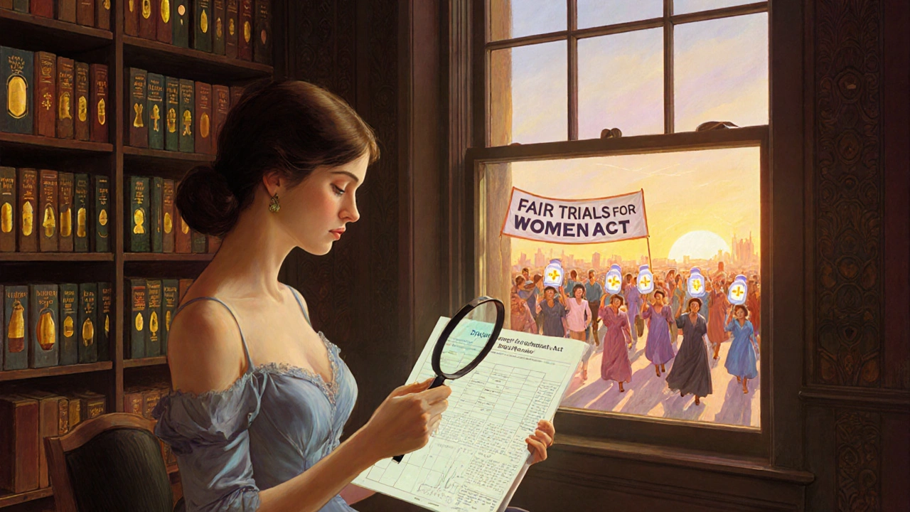 A doctor examines a chart with sex-specific data, surrounded by books of drugs, as a sunrise illuminates a call for change.