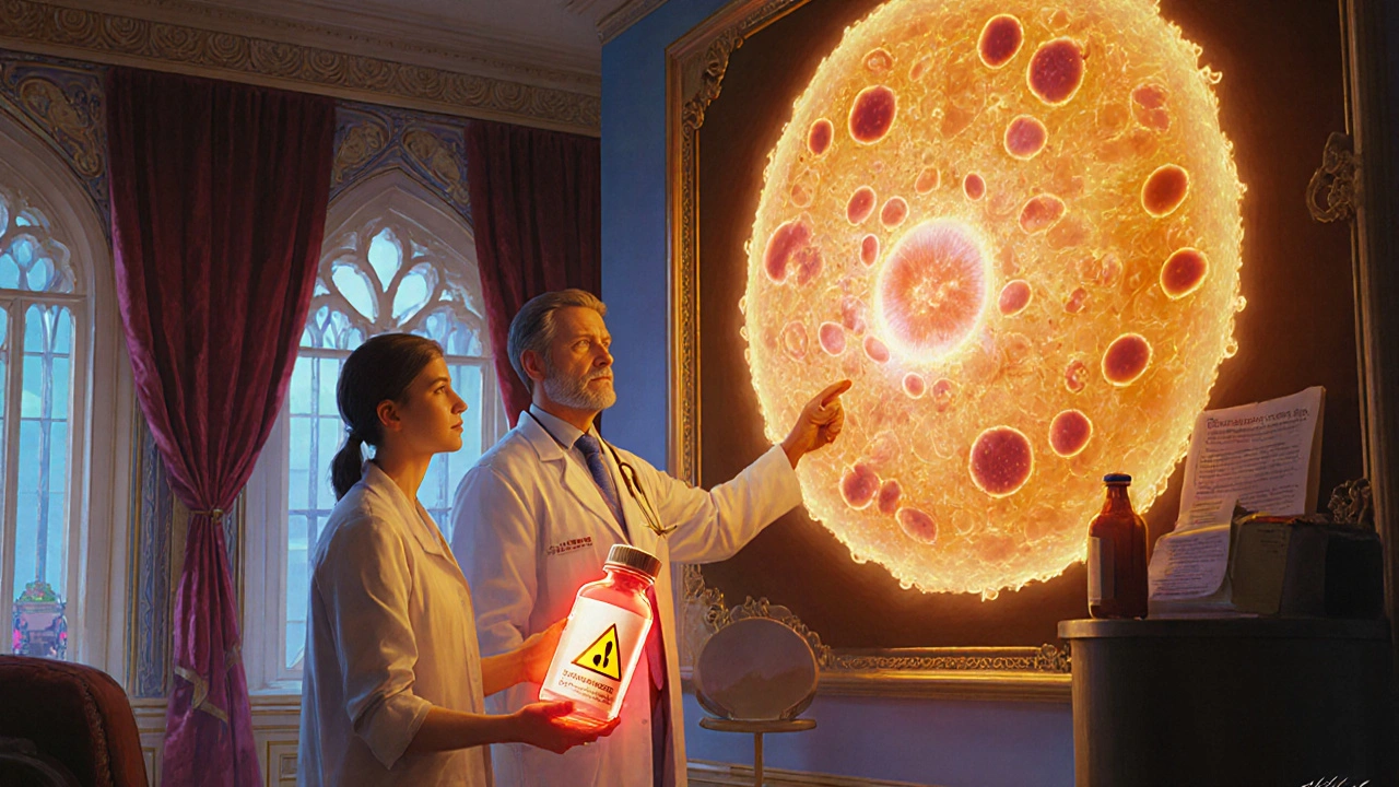 A doctor explains blood clotting risks using a glowing diagram, with a patient holding a supplement bottle in a detailed clinic setting.
