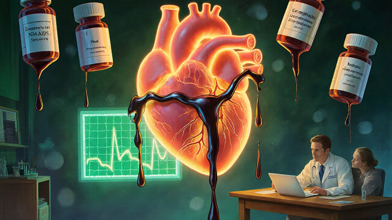 A glowing human heart is constricted by fluid chains from floating drug vials, while a doctor and patient review a glowing ABPM graph in a magical laboratory.