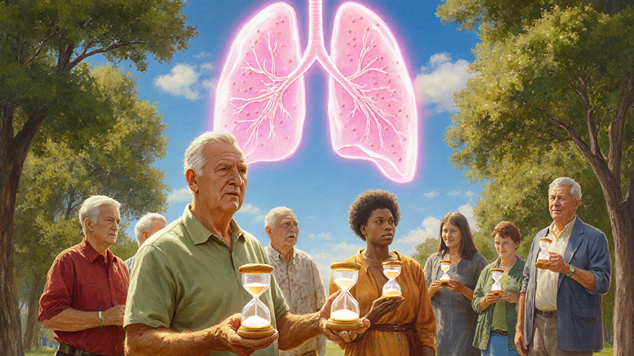 A group of diverse individuals in a park holding hourglasses representing pack-years, with a glowing lung in the sky above.